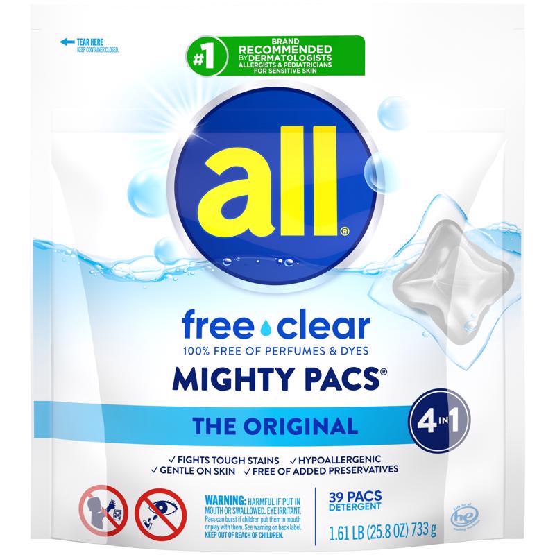 All Mighty Pacs Free & Clear Scent Laundry Detergent Pod 25.8 oz 39 pk, Pack of 6