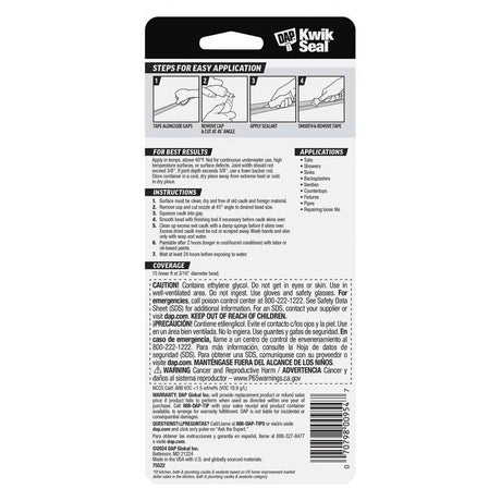 DAP Kwik Seal White Acrylic Latex Kitchen and Bath Adhesive Caulk 2.8 oz, Pack of 6