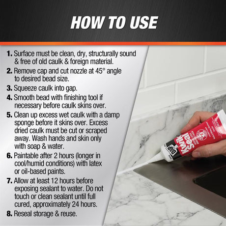 DAP Kwik Seal White Acrylic Latex Kitchen and Bath Adhesive Caulk 2.8 oz, Pack of 6