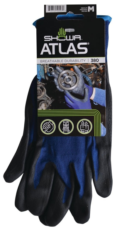 Showa 380M-07.RT Coated Gloves, M, 8-21/32 to 10-15/64 in L, Elastic Cuff, Nitrile Foam Coating, Black/Blue