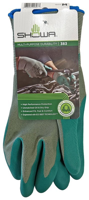 Showa 383-M/07 Coated Gloves, M, 230 mm L, Nitrile Coating, Polyester, Green