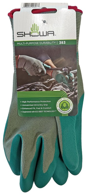 Showa 383-L/08 Coated Gloves, L, 240 mm L, Nitrile Coating, Polyester, Green