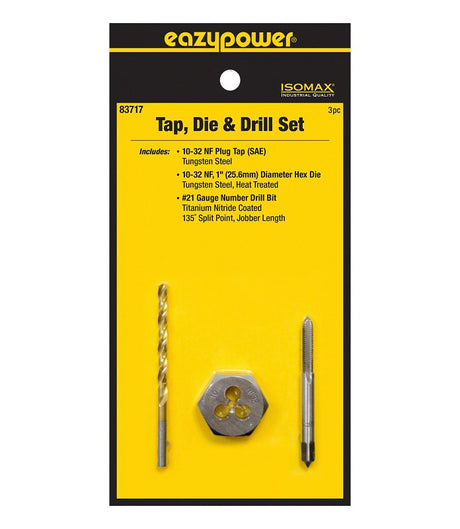 Eazypower 83717 Tap Die and Drill Set, 3-Piece, Tungsten Steel, Titanium
