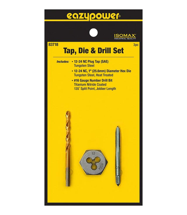 Eazypower 83718 Tap Die and Drill Set, 3-Piece, Tungsten Steel, Titanium