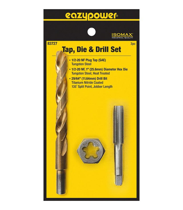 Eazypower 83727 Tap Die and Drill Set, 3-Piece, Tungsten Steel, Titanium Nitride-Coated