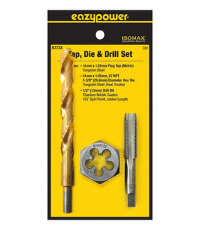 Eazypower 83732 Tap Die and Drill Set, 3-Piece, Tungsten Steel, Titanium Nitride-Coated