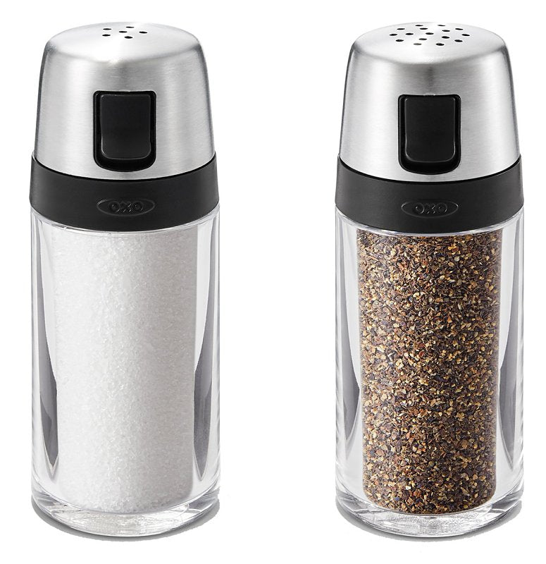 Oxo 1234780 Salt and Pepper Shaker Set, 2 oz, Plastic/Stainless Steel, Clear