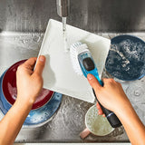 Oxo 12361700 Soap Dispenser Dish Brush, Nylon Bristle, 9.3 in L, Plastic/Rubber Handle, Black/Clear/White