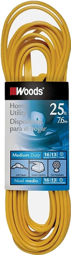 Woods 831 Extension Cord, 16 AWG Cable, 25 ft L, 10 A, 125 V, Yellow