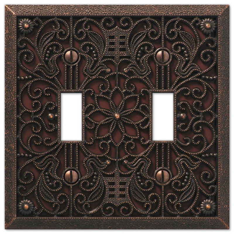 Amerelle Filigree 65TTDB Wallplate, 4-1/2 in L, 4-7/16 in W, 2 -Gang, Metal, Aged Bronze, Pack of 3