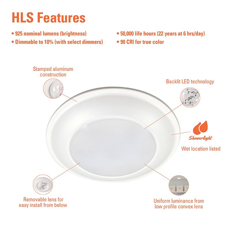 Halo HLS HLS6099501EWH-6BP Surface Light, 132 mA, 120 V, 16 W, LED Lamp, 900 Lumens, 5000 K Color Temp