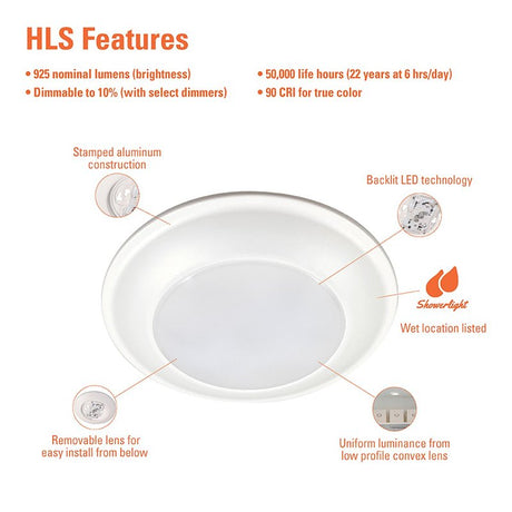 Halo HLS HLS6099501EWH-6BP Surface Light, 132 mA, 120 V, 16 W, LED Lamp, 900 Lumens, 5000 K Color Temp