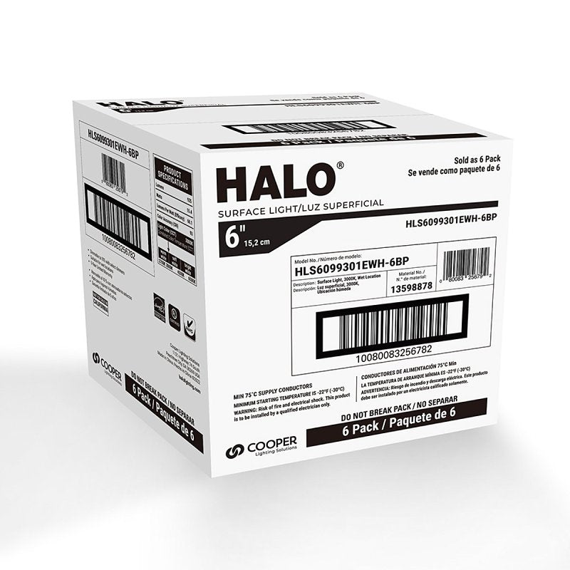 Halo HLS HLS6099301EWH-6BP Surface Light, 132 mA, 120 V, 16 W, LED Lamp, 900 Lumens, 3000 K Color Temp