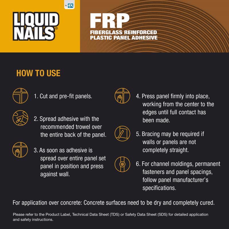 Liquid Nails FRP Fiberglass Reinforced Plastic Panel High Strength Acrylic Latex Off White Adhesive
