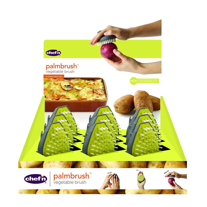 Chef'n 102-216-336 Palm Vegetable Brush, 3-1/2 in OAL, Plastic Handle, Gray/Yellow Handle, Pack of 9
