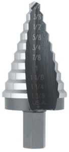 Irwin UNIBIT 10235 Step Drill Bit, 1/4 to 1-3/8 in Dia, 3-1/8 in OAL, 1-Flute, 1/2 in Dia Shank, Hex Shank