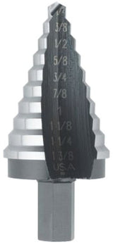 Irwin UNIBIT 10235 Step Drill Bit, 1/4 to 1-3/8 in Dia, 3-1/8 in OAL, 1-Flute, 1/2 in Dia Shank, Hex Shank