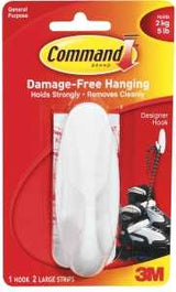 Command 17083 Large Designer Hook, 4-1/8 in L x 1-1/2 in W x 1-1/2 in H Dimensions, 3/4 in Opening, 5 lb, 1-Hook, White, Pack of 4