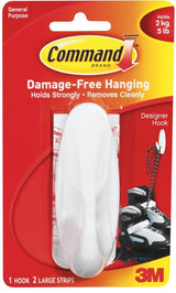 Command 17083 Large Designer Hook, 4-1/8 in L x 1-1/2 in W x 1-1/2 in H Dimensions, 3/4 in Opening, 5 lb, 1-Hook, White, Pack of 4
