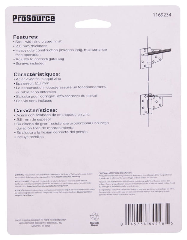 ProSource LR-181-PS Gate Hinge, Steel, Zinc, Fixed Pin, 180 deg Range of Motion, 46 (Pair) lb