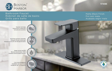 Boston Harbor FS6A0215BL Lavatory Faucet, 1.2 gpm, 1-Faucet Handle, 1, 3-Faucet Hole, Metal/Plastic, Matte Black