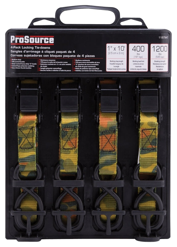 ProSource FH64068 Tie-Down, 1 in W, 10 ft L, Metal/Polyester, Camouflage, 400 lb, S-Hook End Fitting, Steel End Fitting, Pack of 6