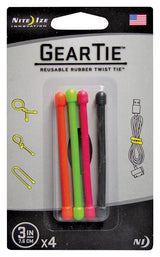 Gear Tie GT3-4PK-A1 Twist Tie, Rubber, Assorted, 3 in L