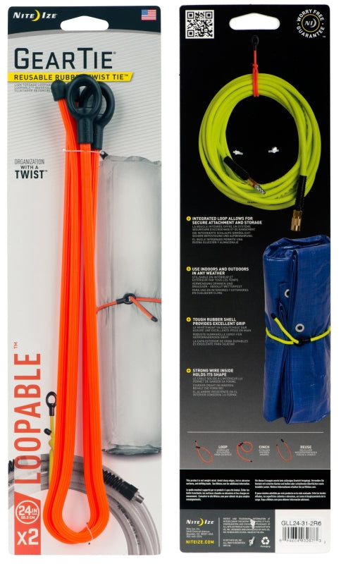 Gear Tie Loopable GLL24-31-2R6 Twist Tie, Rubber, Bright Orange, Pack of 6