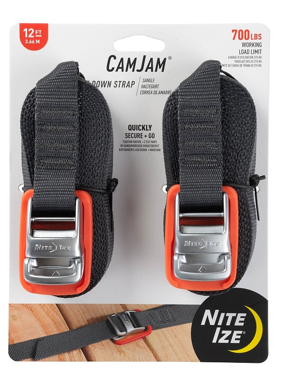 Nite Ize CamJam CJWR12-09-2R6 Tie-Down Strap, 1 in W, 12 ft L, 700 lb Working Load, Polypropylene, Gray