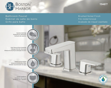 Boston Harbor FW6AC023NP Lavatory Faucet, 1.2 gpm, 2-Faucet Handle, 3-Faucet Hole, Brass/Zinc/Plastic, Brushed Nickel