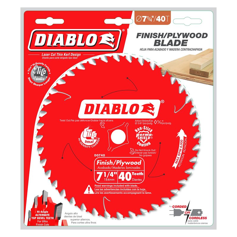 Diablo D0740X Circular Saw Blade, 7-1/4 in Dia, 5/8 in Arbor, 40-Teeth, Carbide Cutting Edge