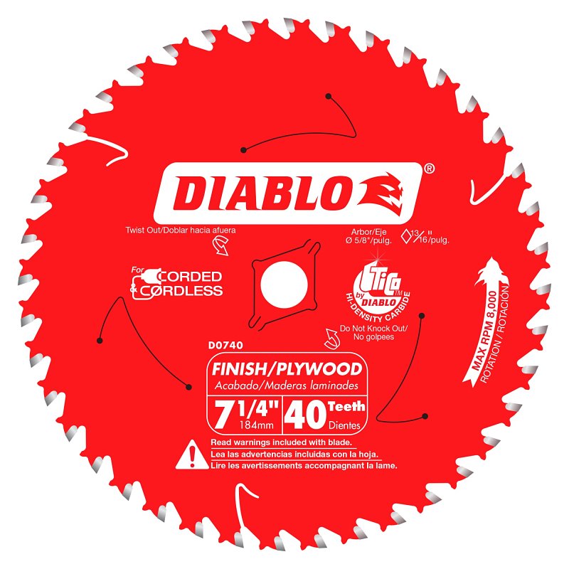 Diablo D0740X Circular Saw Blade, 7-1/4 in Dia, 5/8 in Arbor, 40-Teeth, Carbide Cutting Edge
