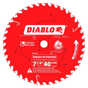 Diablo D0740X Circular Saw Blade, 7-1/4 in Dia, 5/8 in Arbor, 40-Teeth, Carbide Cutting Edge