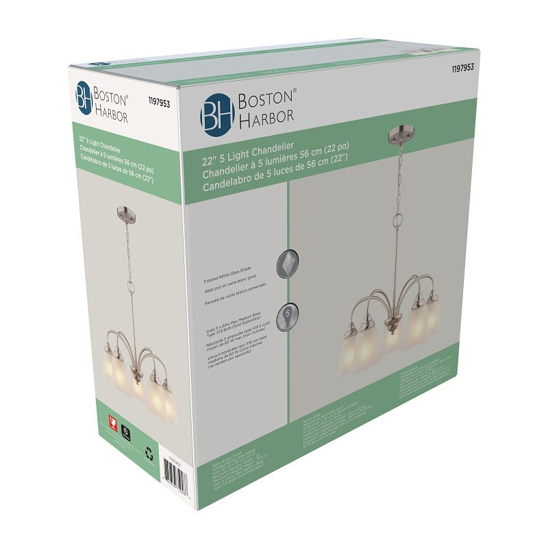 Boston Harbor OG24019 Chandelier, 5-Lamp, LED Lamp, Metal Fixture, Satin Nickel Fixture