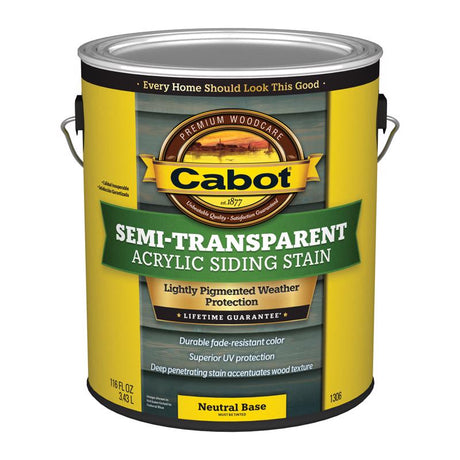Cabot 140.0001306.007 Acrylic Siding Stain, Semi-Transparent, Neutral Base, Liquid, 1 gal, Pack of 4