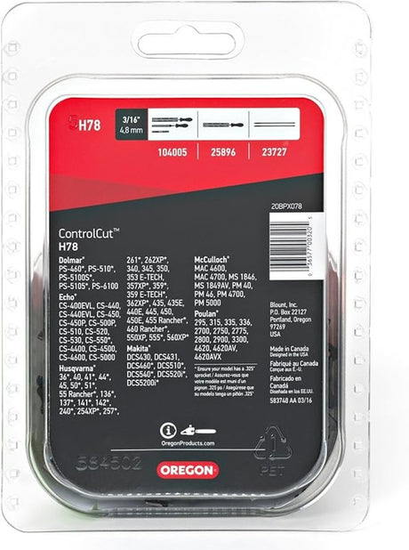 Oregon H78 Chainsaw Chain, 20 in L Bar, 0.05 in, 0.325 in TPI/Pitch, 78-Link
