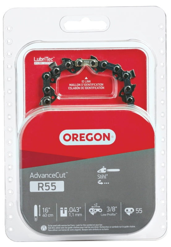 Oregon AdvanceCut R55 Chainsaw Chain, 16 in L Bar, 0.043 in, 3/8 in TPI/Pitch, 55-Link