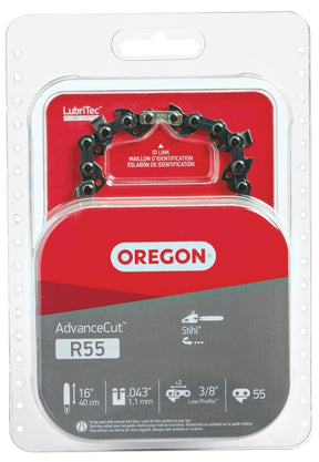 Oregon AdvanceCut R55 Chainsaw Chain, 16 in L Bar, 0.043 in, 3/8 in TPI/Pitch, 55-Link