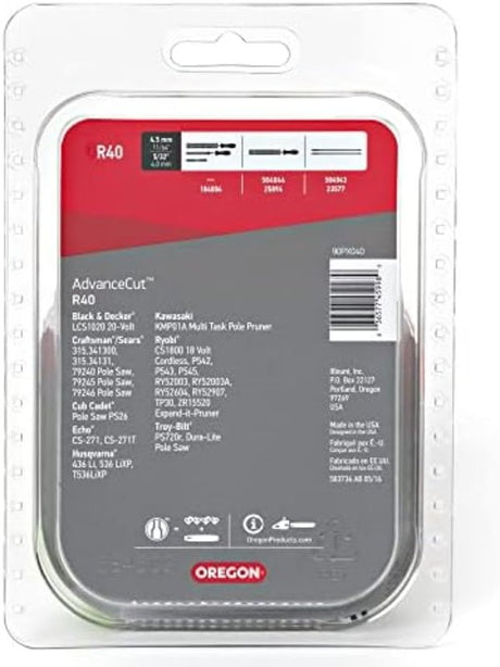 Oregon AdvanceCut R40 Chainsaw Chain, 10 in L Bar, 0.043 Gauge, 3/8 in TPI/Pitch, 40-Link