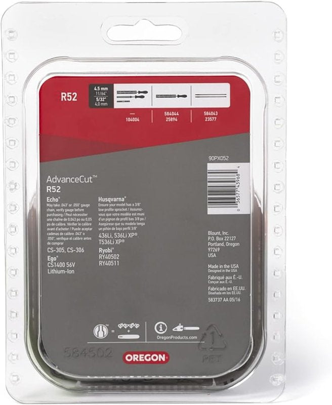 Oregon AdvanceCut R52 Chainsaw Chain, 14 in L Bar, 0.043 Gauge, 3/8 in TPI/Pitch, 52-Link