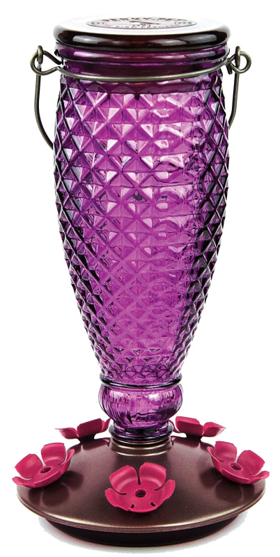 Perky-Pet 9102-2 Bird Feeder, Diamond, 24 oz, Nectar, 5-Port/Perch, Glass/Plastic, Wine, 10-1/2 in H, Hanging