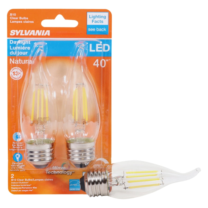 Sylvania 40792 Natural LED Bulb, Decorative, B10 Bent Tip Lamp, 40 W Equivalent, E26 Lamp Base, Dimmable, Clear