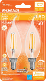 Sylvania 40757 Natural LED Bulb, Decorative, 500 Lumens, 5.5 W, B10 Bent Tip Lamp, 60 W Equivalent, E12 Lamp Base, Clear