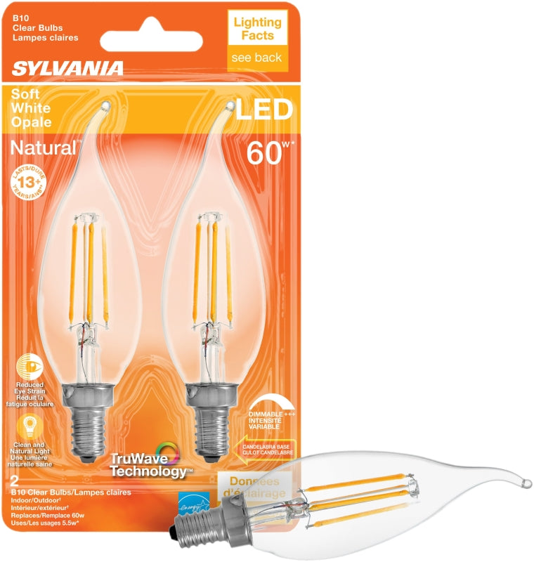 Sylvania 40757 Natural LED Bulb, Decorative, 500 Lumens, 5.5 W, B10 Bent Tip Lamp, 60 W Equivalent, E12 Lamp Base, Clear