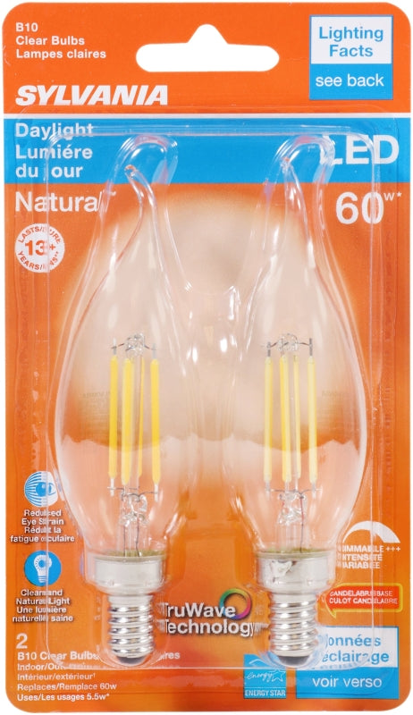 Sylvania Natural Series 40759 LED Bulb, Decorative, B10 Bent Tip Lamp, 60 W Equivalent, E12 Candelabra Lamp Base, Clear
