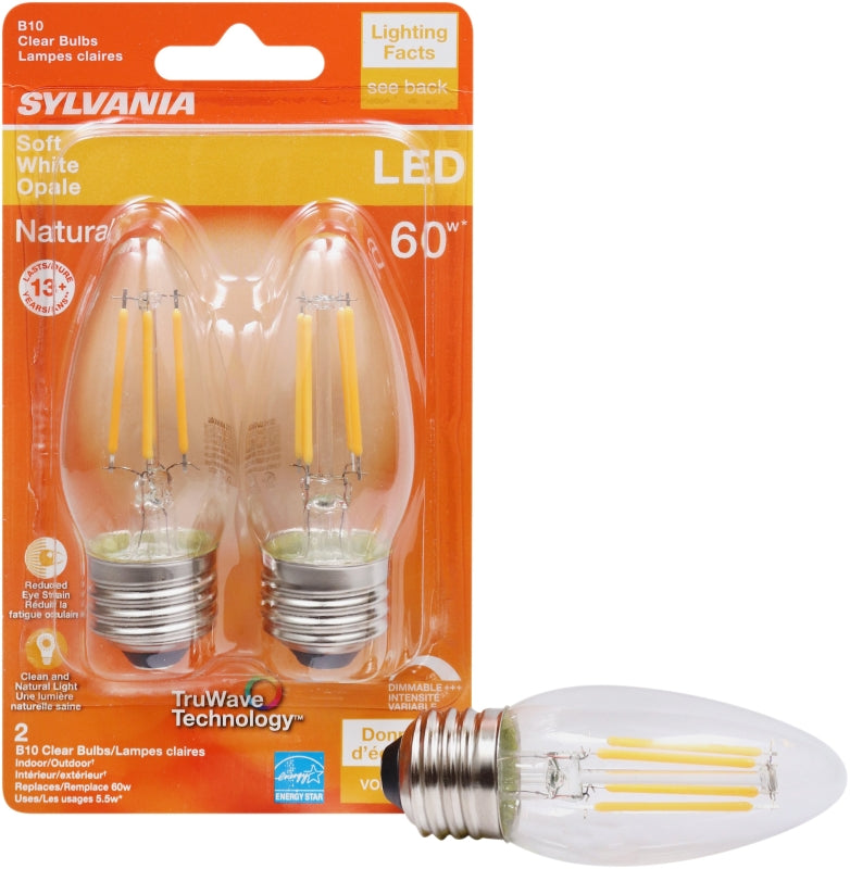 Sylvania Natural Series 40795 LED Bulb, Decorative, B10 Blunt Tip Lamp, 60 W Equivalent, E26 Medium Lamp Base, Dimmable
