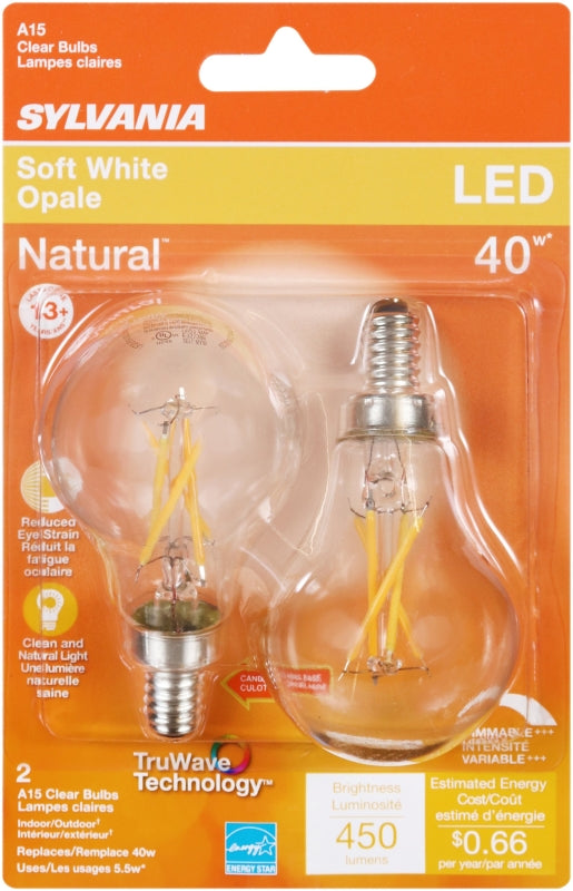 Sylvania 40774 Decorative Natural LED Bulb, A15 Lamp, 40 W Equivalent, E12 Candelabra Lamp Base, Dimmable, Clear