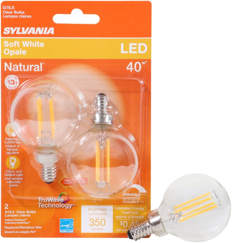 Sylvania 40784 Decorative Natural LED Bulb, G16.5 Lamp, 40 W Equivalent, E12 Lamp Base, Dimmable, Clear, Soft White