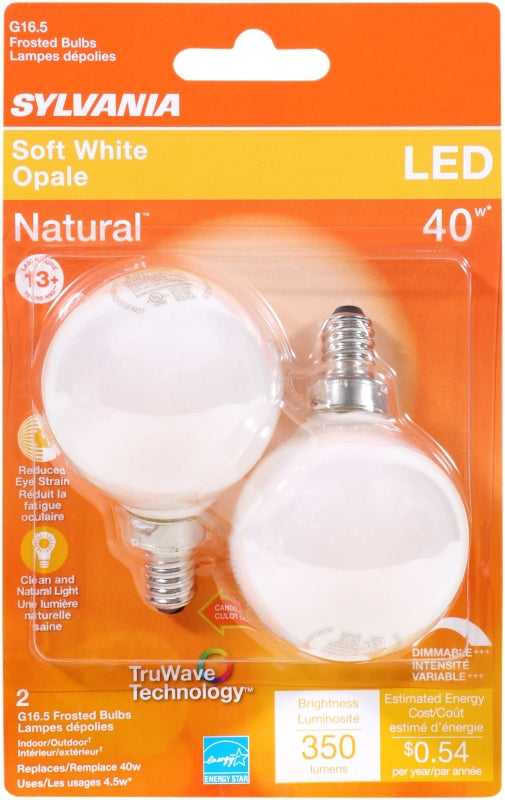 Sylvania 40797 Decorative Natural LED Bulb, G16.5 Lamp, 40 W Equivalent, E12 Lamp Base, Dimmable, Frosted, Soft White