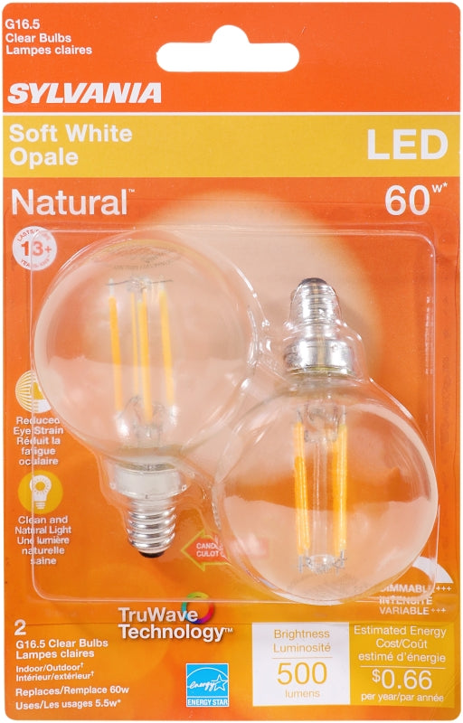Sylvania 40852 Decorative LED Bulb, G16.5 Lamp, 60 W Equivalent, E12 Lamp Base, Dimmable, Clear, Soft White